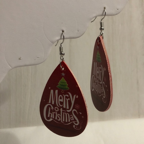 Merry Christmas PU Leather Teardrop Earrings Red - Picture 2 of 5